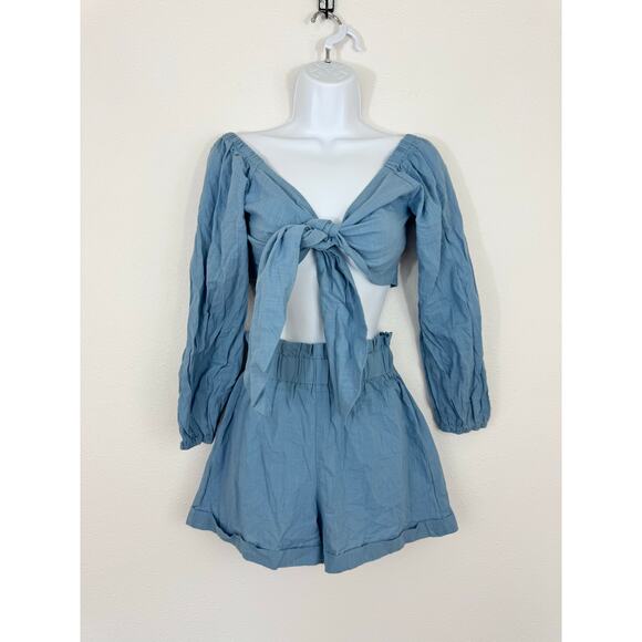 Glamaker Blue Cotton 2 Piece Set | Tie Front Crop Top & High Waist Shorts Small - Picture 1 of 6